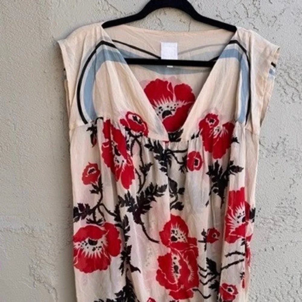 Anna Sui Cream Poppy Floral Sheer Sleeveless Shift Dress SMALL Designer Boho - Picture 2 of 9